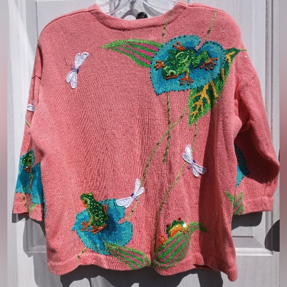 Design Options Philip & Jane Gordon Frog Lily Pad Dragonfly Sweater Cardigan XL - Picture 2 of 10